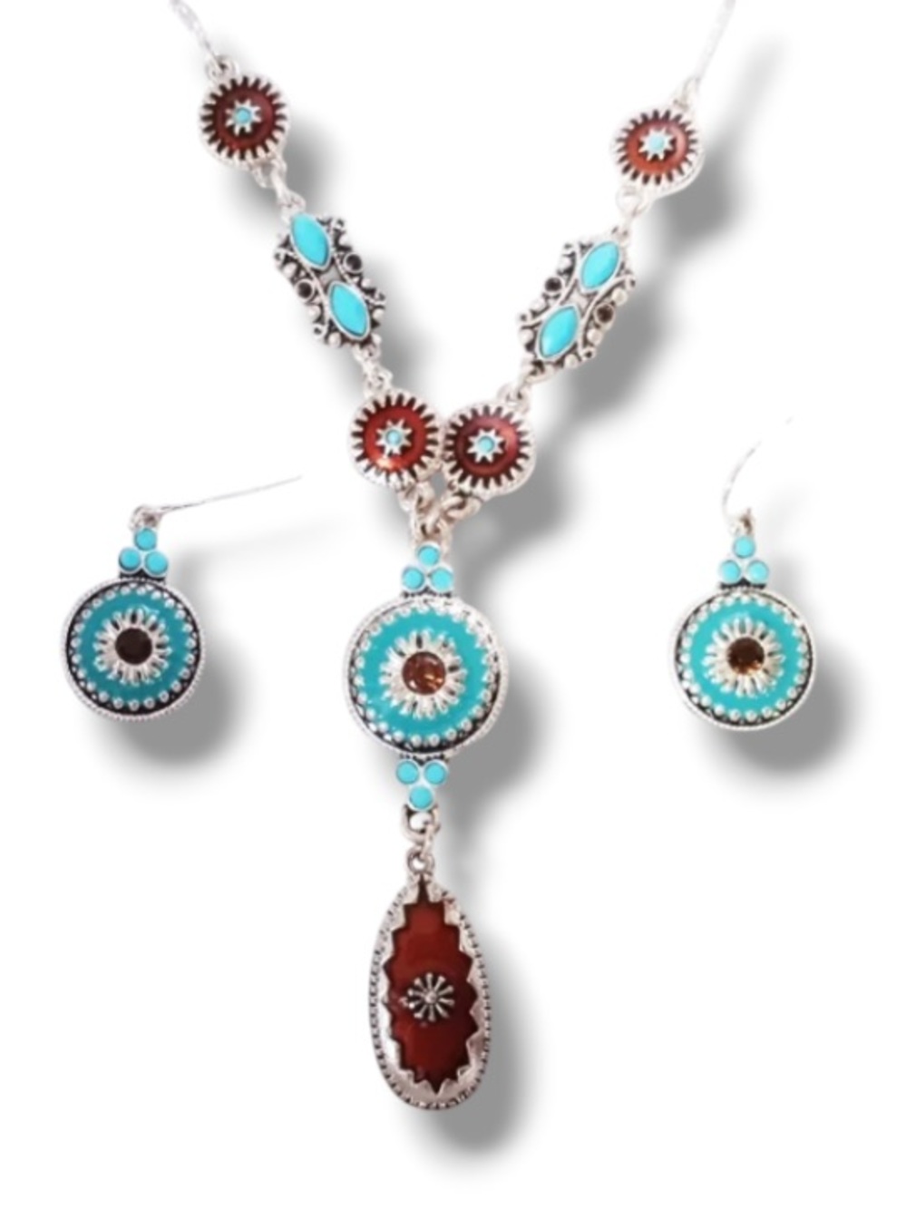 Avon Turquoise & Brown Southwestern Pendant Y-Necklace & Earring Ensemble Set